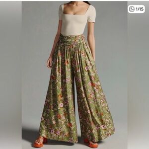 Anthropologie Olive Floral Wide-Leg Pants